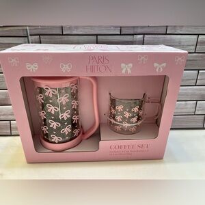 Paris Hilton  🎀 Pink Bow & Heart 8 Cup French Press & 13.5 oz Glass Mug Set NIB